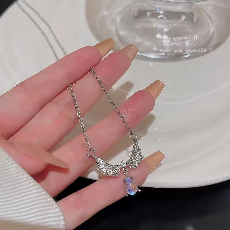 Angel Wing Necklace Crystal Drop Moon Pendant