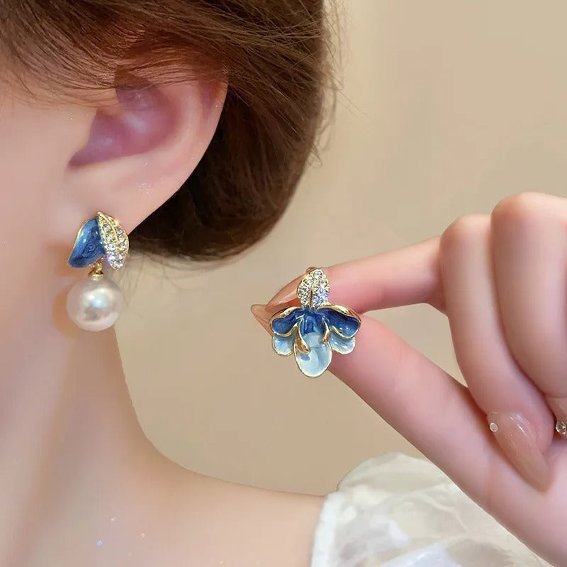 Blue Oil Petal Flower Leaf Asymmetry Earrings for Women