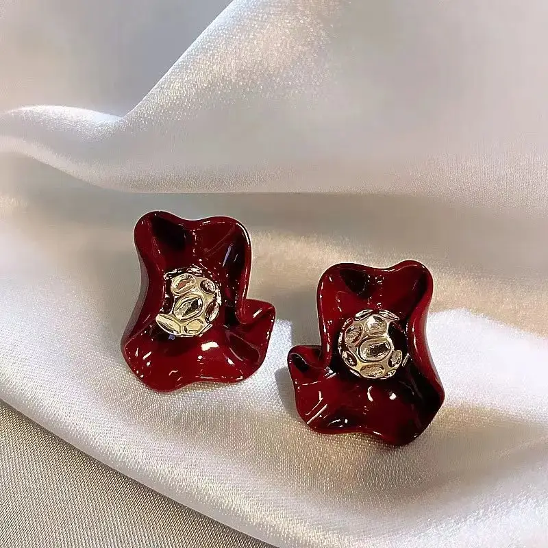 Red Irregular Petal Flower Stud Earrings