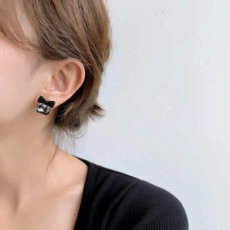 Black Bow crystal Korean earrings